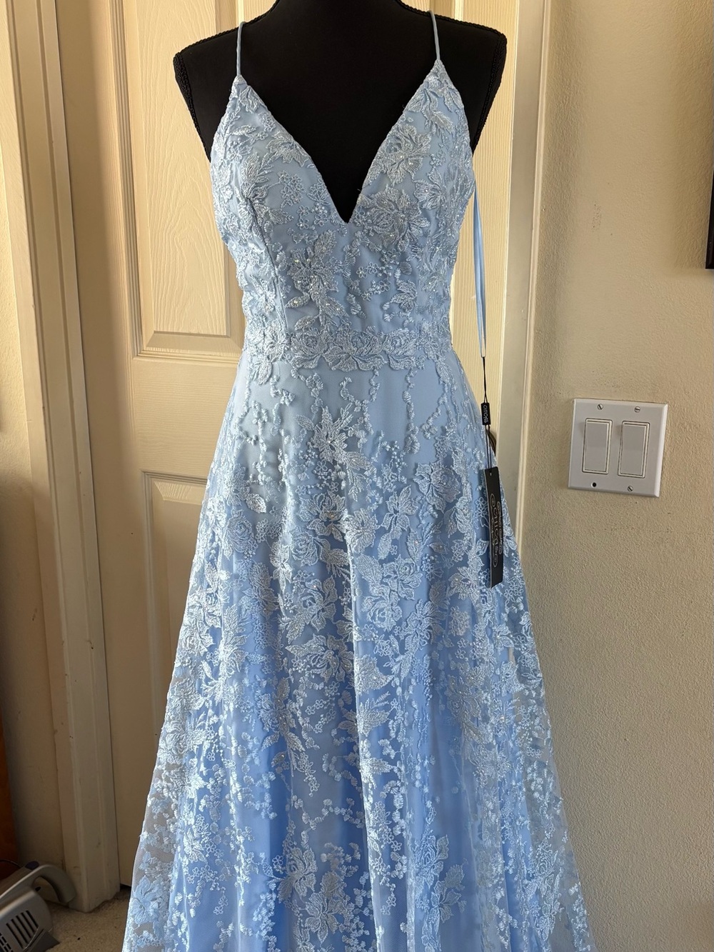 Light Blue Lace A-Line Wedding Dress with V-Neck